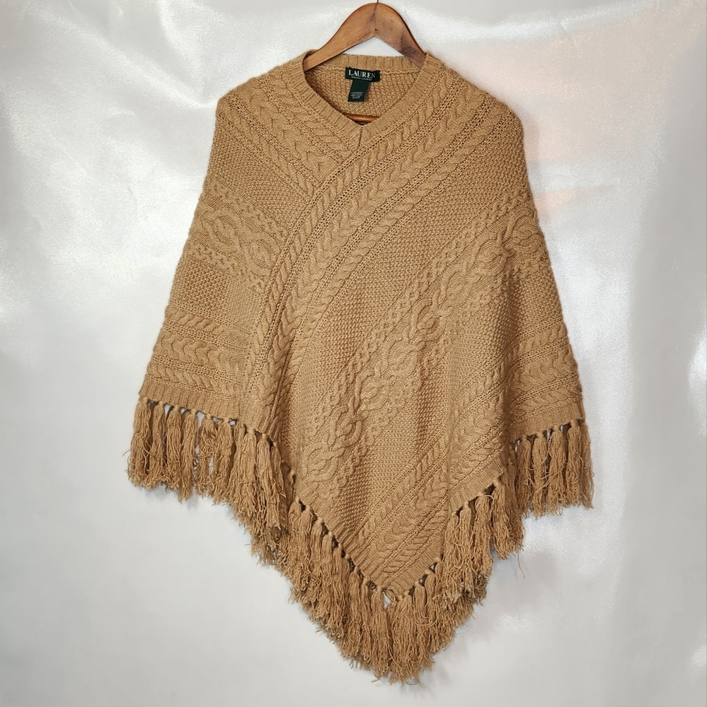 Lauren Ralph Lauren Camel Cable Knit Fringe Poncho